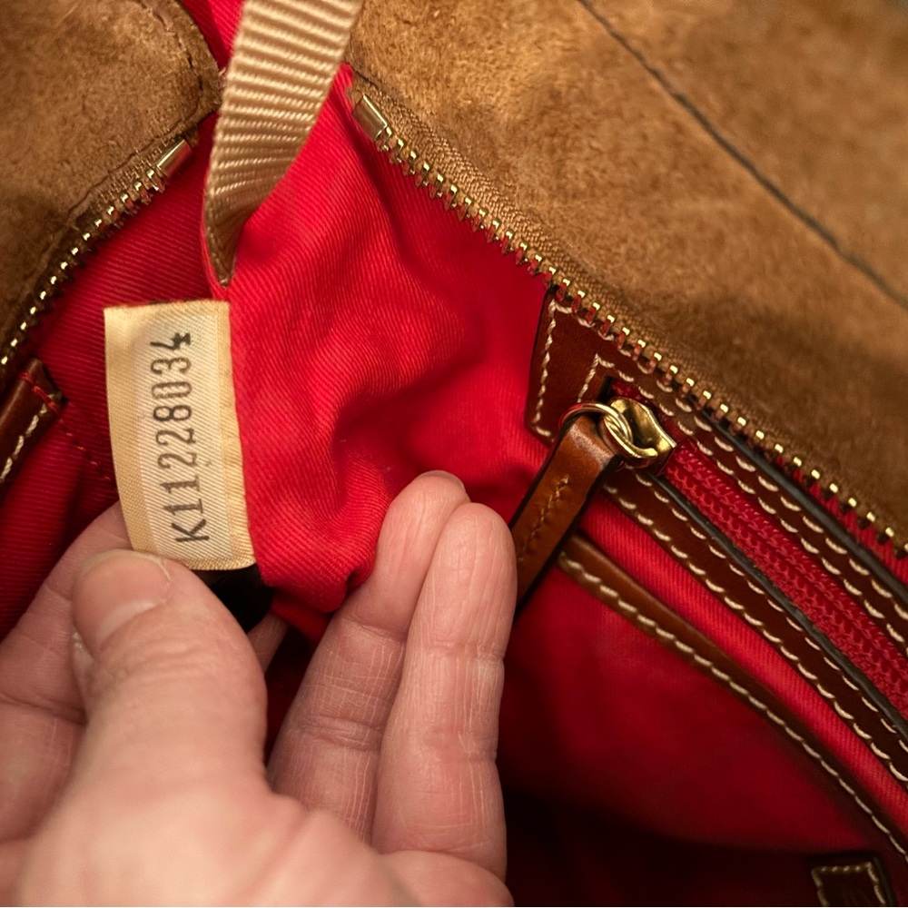 Dooney & Bourke Shopper Bag Caramel Suede Zip Top Tote | Feet | Medium - Picture 11 of 11